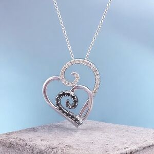 Sterling Silver Heart Double Diamond Pendant Necklace
